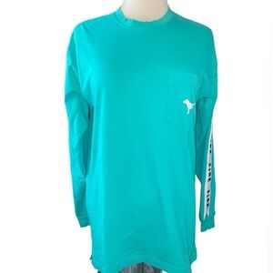 Pink Victoria’s Secret T-shirt long sleeve crewneck iconic dog on pocket Sz XS